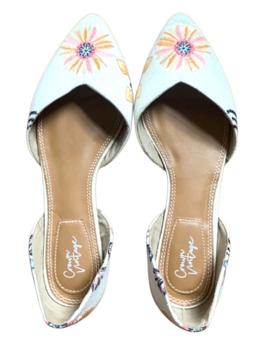 Crown Vintage Kourtnee Blue Floral Embroidered D'Orsay Pointed Toe Flats Sz 8.5